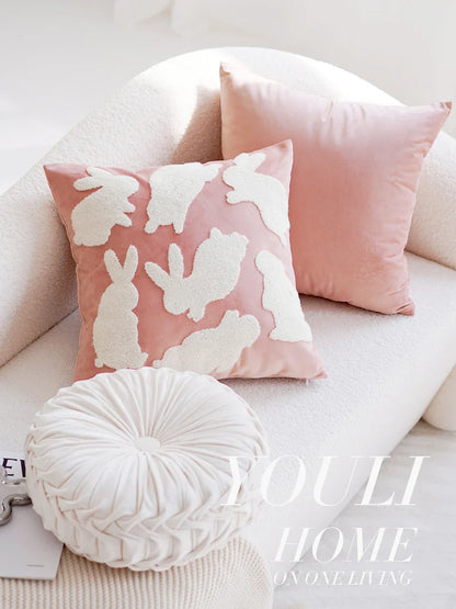 A cream-colored, plush cushion with a cute girl design, perfect for use as a headboard, pillow, or accent piece in a modern, stylish bedroom or living room.