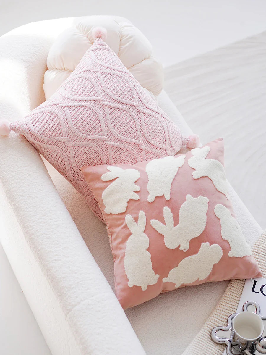 A cream-colored, plush cushion with a cute girl design, perfect for use as a headboard, pillow, or accent piece in a modern, stylish bedroom or living room.