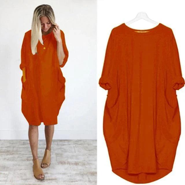 Loose Large Swing Stitching Long Dress in various colors and sizes, featuring a comfortable, flowing silhouette and convenient pockets.