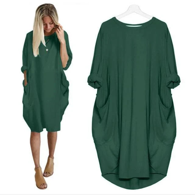 Loose Large Swing Stitching Long Dress in various colors and sizes, featuring a comfortable, flowing silhouette and convenient pockets.