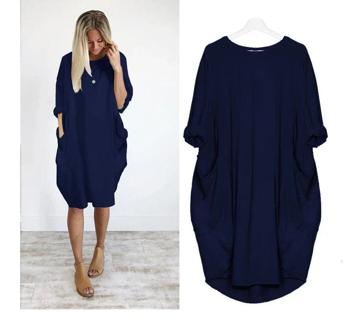 Loose Large Swing Stitching Long Dress in various colors and sizes, featuring a comfortable, flowing silhouette and convenient pockets.