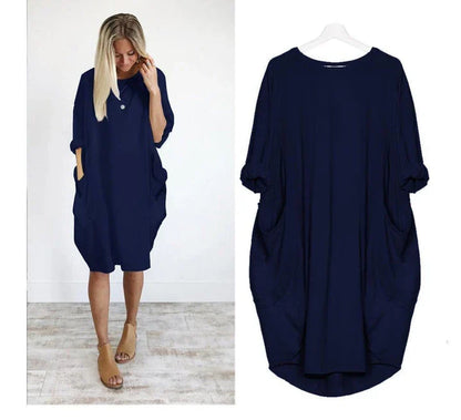 Loose Large Swing Stitching Long Dress in various colors and sizes, featuring a comfortable, flowing silhouette and convenient pockets.