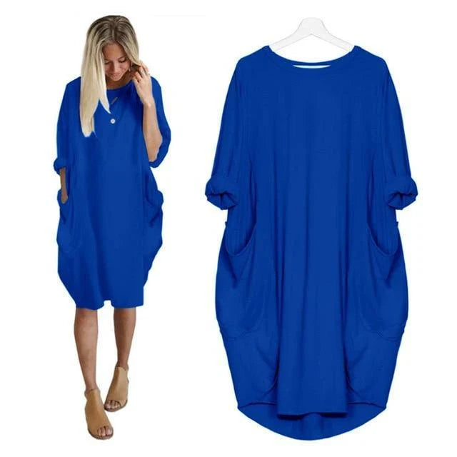 Loose Large Swing Stitching Long Dress in various colors and sizes, featuring a comfortable, flowing silhouette and convenient pockets.