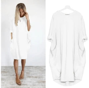 Loose Large Swing Stitching Long Dress in various colors and sizes, featuring a comfortable, flowing silhouette and convenient pockets.