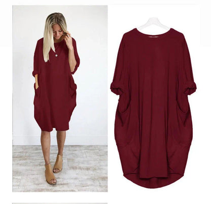 Loose Large Swing Stitching Long Dress in various colors and sizes, featuring a comfortable, flowing silhouette and convenient pockets.
