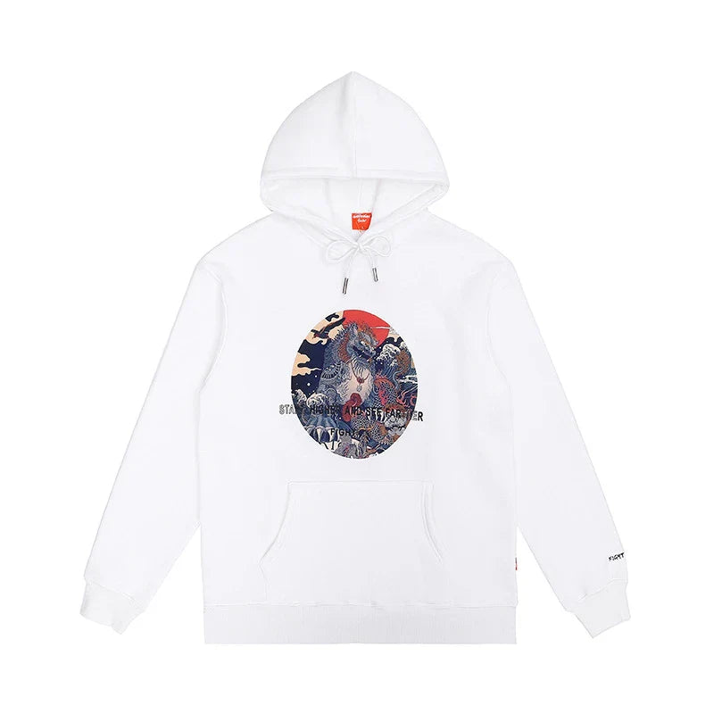 A stylish and comfortable men's hoodie featuring a bold, eye-catching printed design in white color.