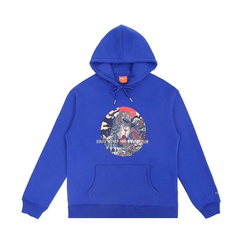 A stylish and comfortable men's hoodie featuring a bold, eye-catching printed design in white color.