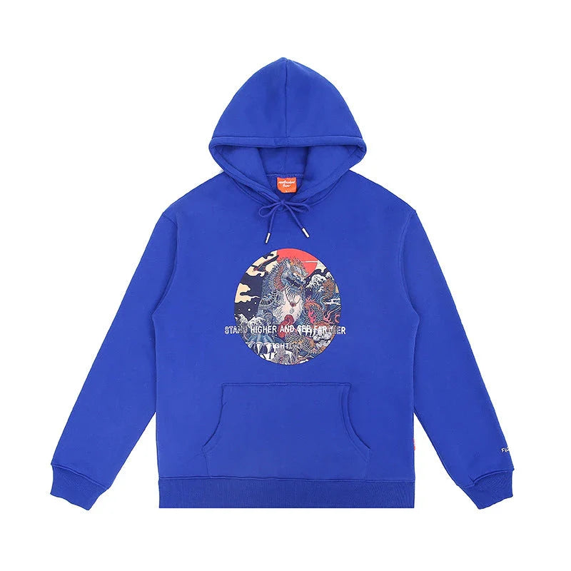 A stylish and comfortable men's hoodie featuring a bold, eye-catching printed design in white color.