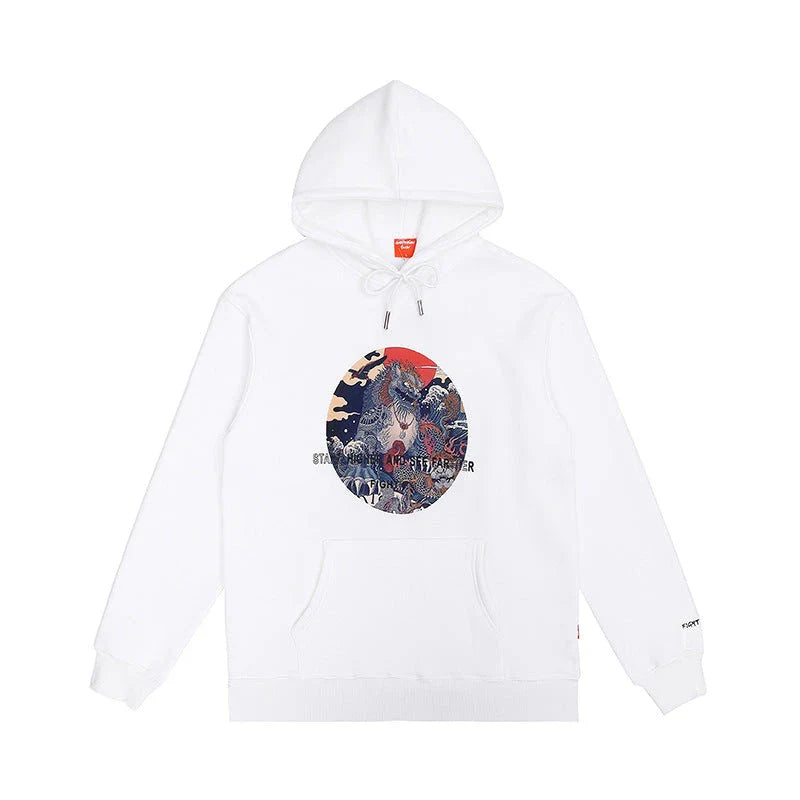 A stylish and comfortable men's hoodie featuring a bold, eye-catching printed design in white color.