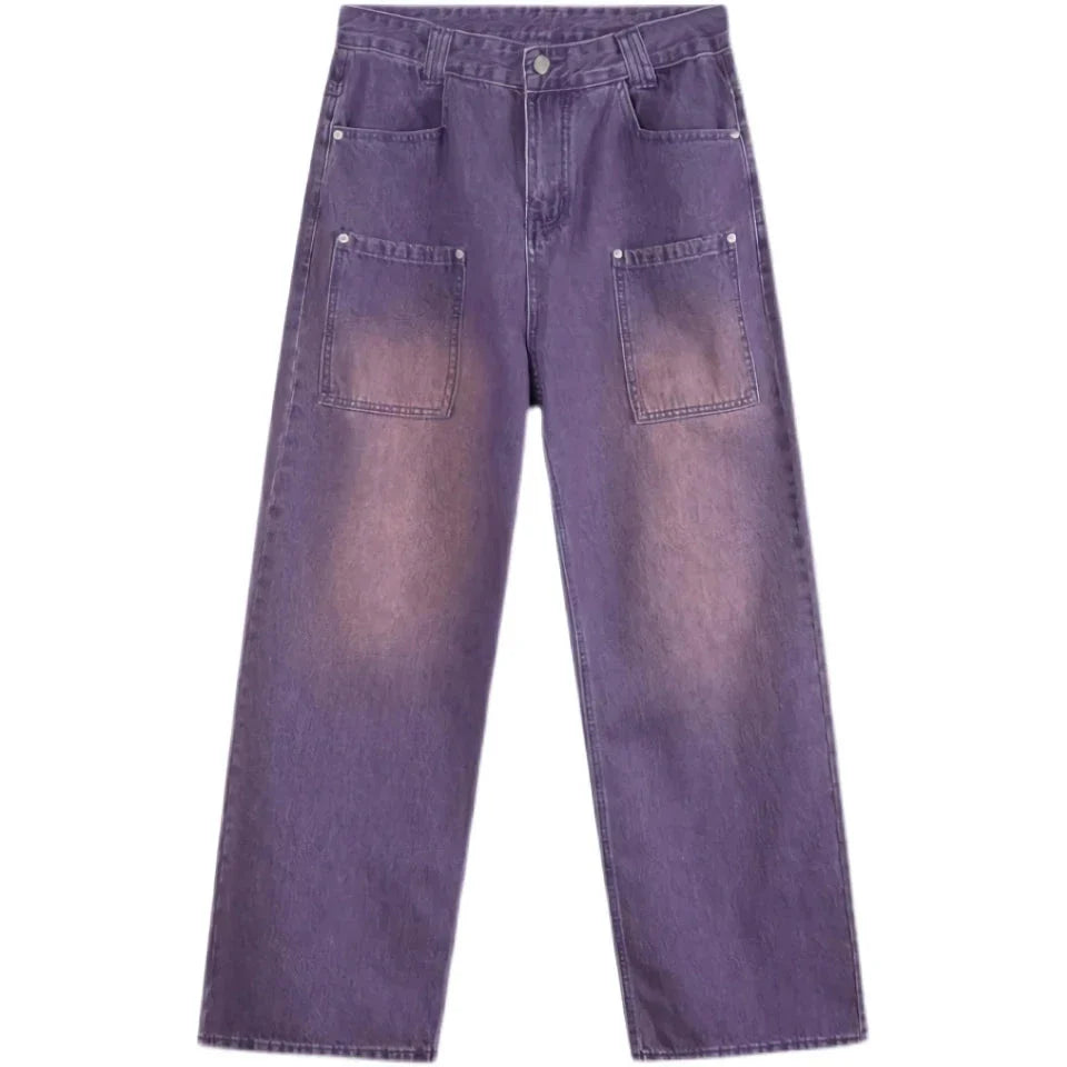 A pair of high-waisted, purple wide-leg jeans with a chic and contemporary silhouette, perfect for any fashionable occasion.
