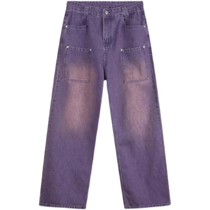 A pair of high-waisted, purple wide-leg jeans with a chic and contemporary silhouette, perfect for any fashionable occasion.