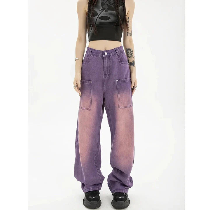 A pair of high-waisted, purple wide-leg jeans with a chic and contemporary silhouette, perfect for any fashionable occasion.