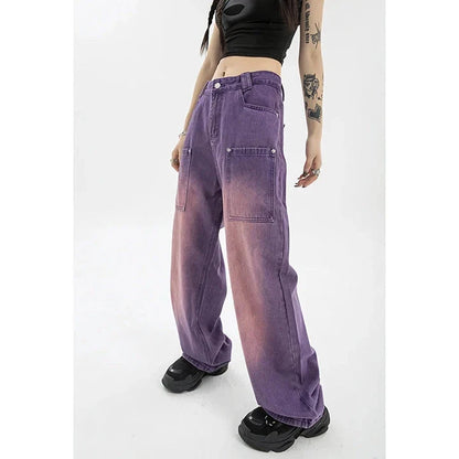 A pair of high-waisted, purple wide-leg jeans with a chic and contemporary silhouette, perfect for any fashionable occasion.