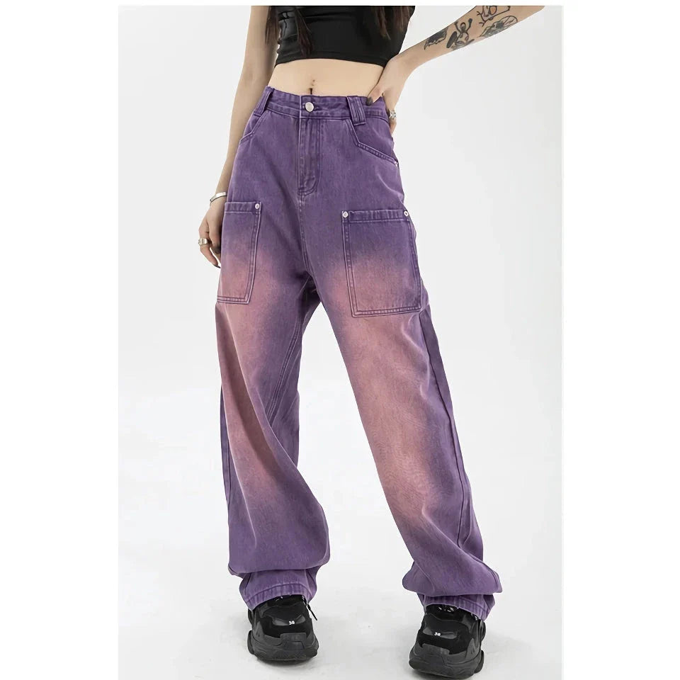 A pair of high-waisted, purple wide-leg jeans with a chic and contemporary silhouette, perfect for any fashionable occasion.