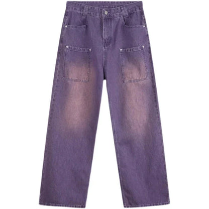 A pair of high-waisted, purple wide-leg jeans with a chic and contemporary silhouette, perfect for any fashionable occasion.