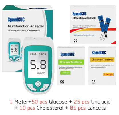 Comprehensive 3-in-1 health monitor for cholesterol, glucose, and uric acid tracking with automatic strip recognition and fast results