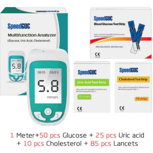 Comprehensive 3-in-1 health monitor for cholesterol, glucose, and uric acid tracking with automatic strip recognition and fast results