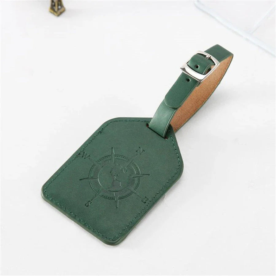 Compass Leather Luggage Tag in Green with Unique Geometric Pattern and Clear Window for Contact Information