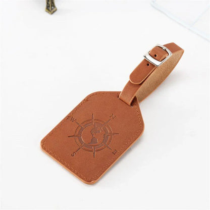 Compass Leather Luggage Tag in Green with Unique Geometric Pattern and Clear Window for Contact Information