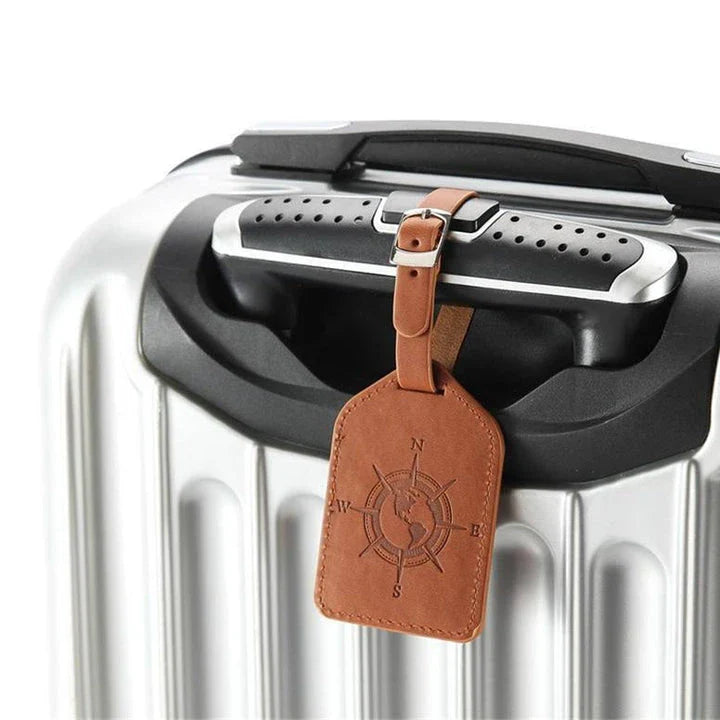 Compass Leather Luggage Tag in Green with Unique Geometric Pattern and Clear Window for Contact Information