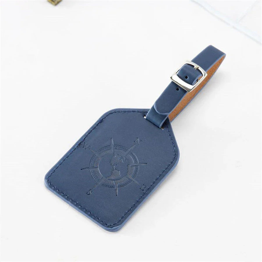 Compass Leather Luggage Tag in Green with Unique Geometric Pattern and Clear Window for Contact Information
