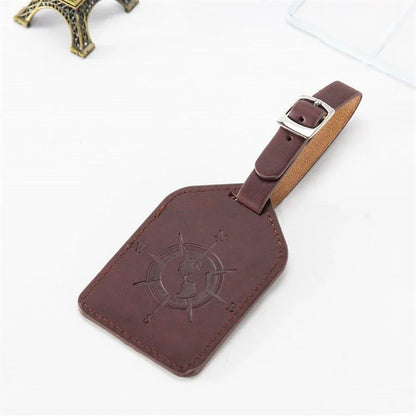 Compass Leather Luggage Tag in Green with Unique Geometric Pattern and Clear Window for Contact Information