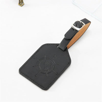 Compass Leather Luggage Tag in Green with Unique Geometric Pattern and Clear Window for Contact Information