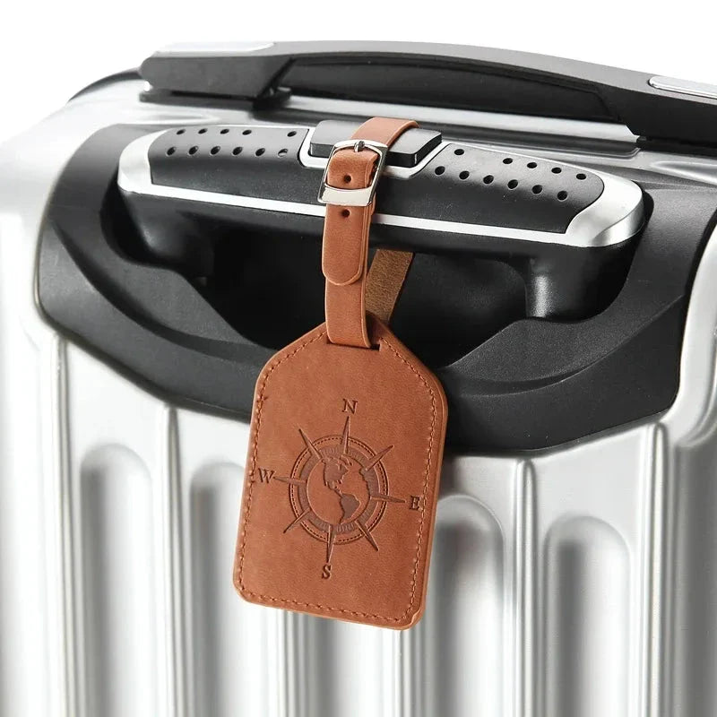 Compass Leather Luggage Tag in Green with Unique Geometric Pattern and Clear Window for Contact Information