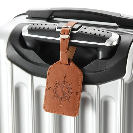 Compass Leather Luggage Tag in Green with Unique Geometric Pattern and Clear Window for Contact Information