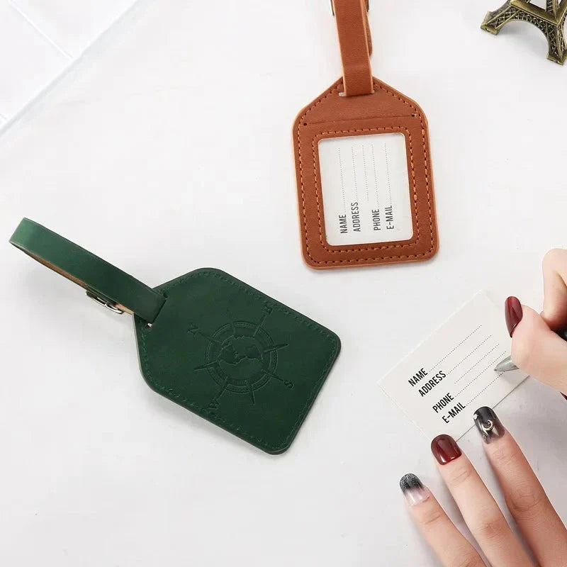Compass Leather Luggage Tag in Green with Unique Geometric Pattern and Clear Window for Contact Information