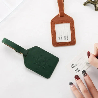 Compass Leather Luggage Tag in Green with Unique Geometric Pattern and Clear Window for Contact Information