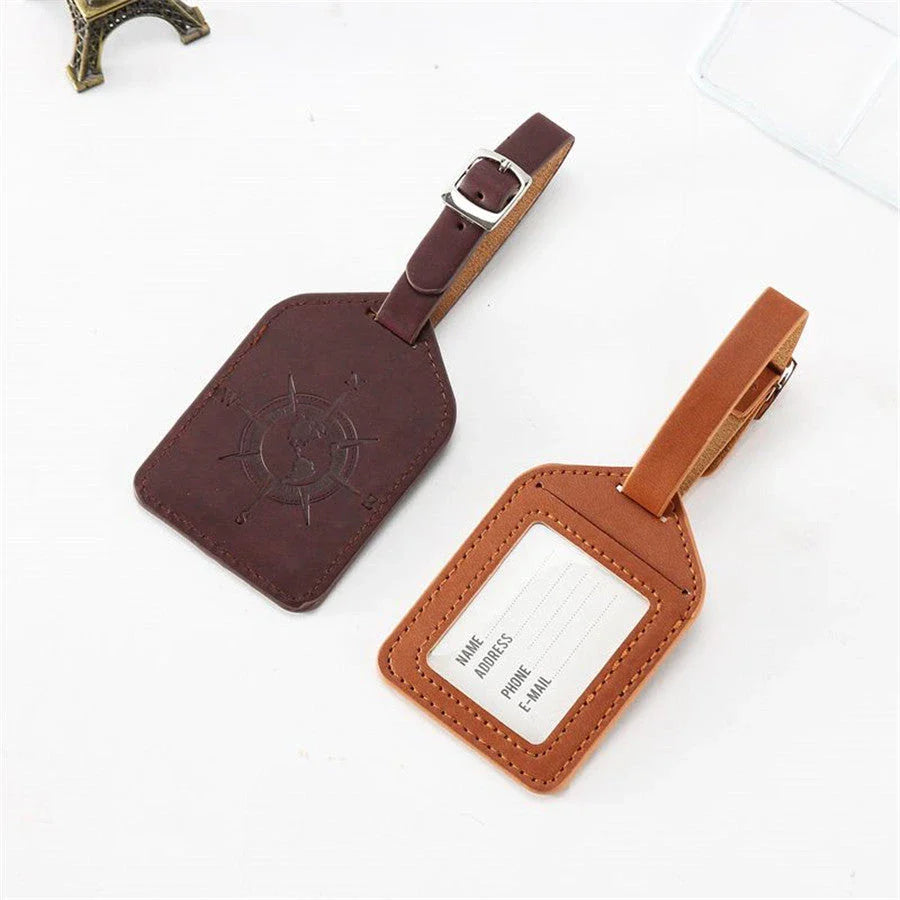 Compass Leather Luggage Tag in Green with Unique Geometric Pattern and Clear Window for Contact Information