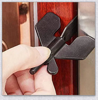 Portable Hotel Door Lock in black and gold colors, a compact and secure travel security device for hotels, dorms, and apartments.