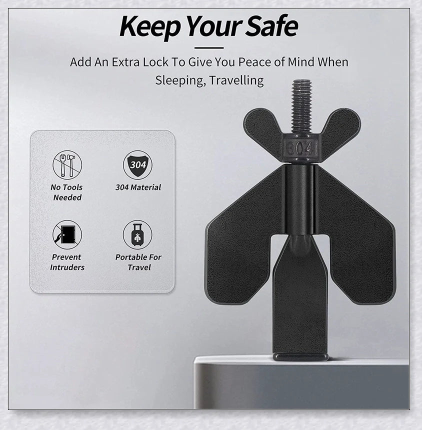 Portable Hotel Door Lock in black and gold colors, a compact and secure travel security device for hotels, dorms, and apartments.