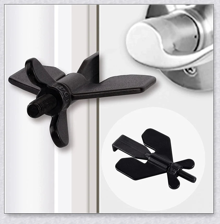 Portable Hotel Door Lock in black and gold colors, a compact and secure travel security device for hotels, dorms, and apartments.