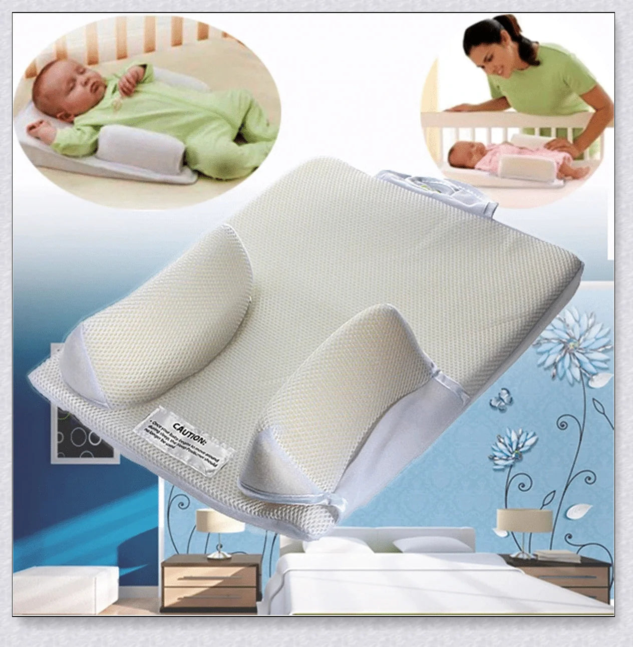 Newborn Baby Sleep Fixed Position & Anti Roll Pillow with breathable mesh and air vent bumpers for comfortable and safe sleep