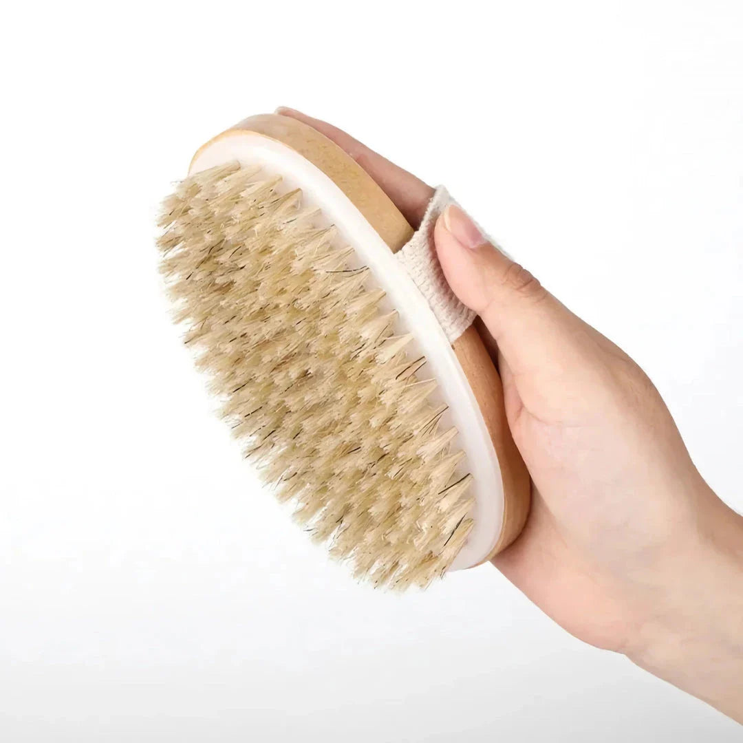Natural Bristle Bath Brush made of wood with gentle exfoliating bristles for an invigorating shower or relaxing bath experience.