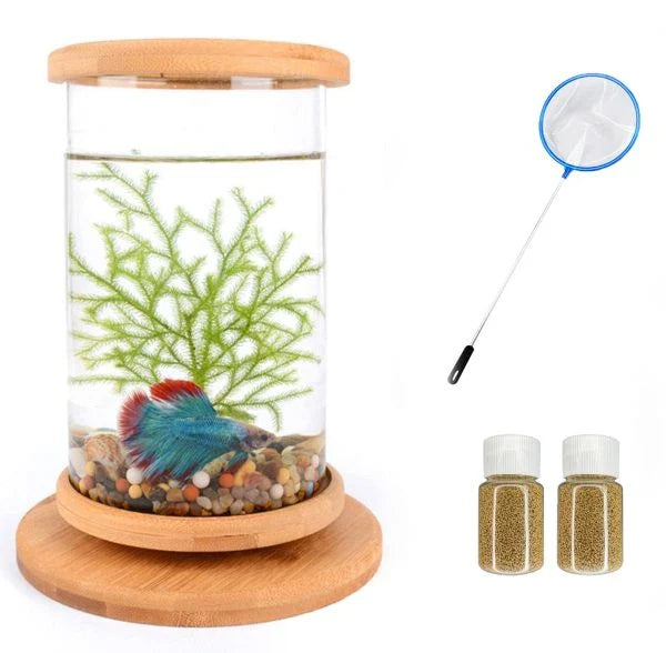 Glass Betta Fish Tank with Bamboo Base - Unique 360-degree rotating design for unobstructed viewing of your betta fish