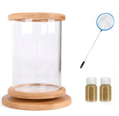 Glass Betta Fish Tank with Bamboo Base - Unique 360-degree rotating design for unobstructed viewing of your betta fish