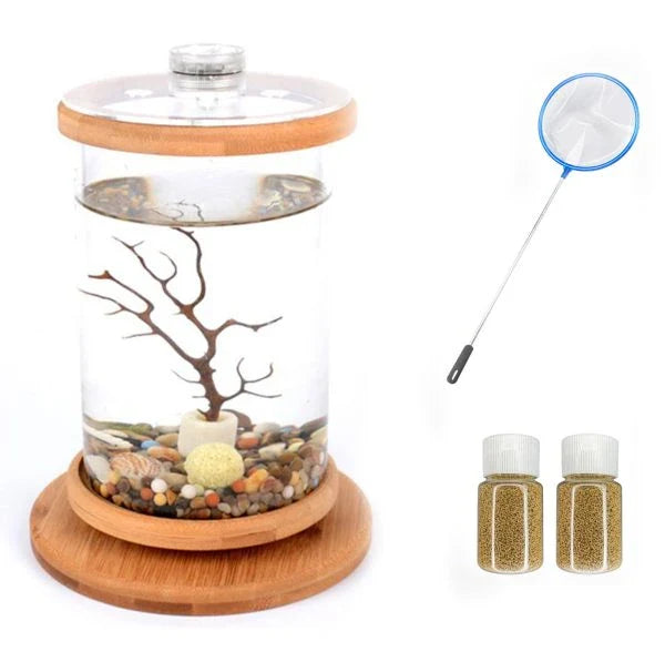 Glass Betta Fish Tank with Bamboo Base - Unique 360-degree rotating design for unobstructed viewing of your betta fish