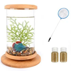 Glass Betta Fish Tank with Bamboo Base - Unique 360-degree rotating design for unobstructed viewing of your betta fish