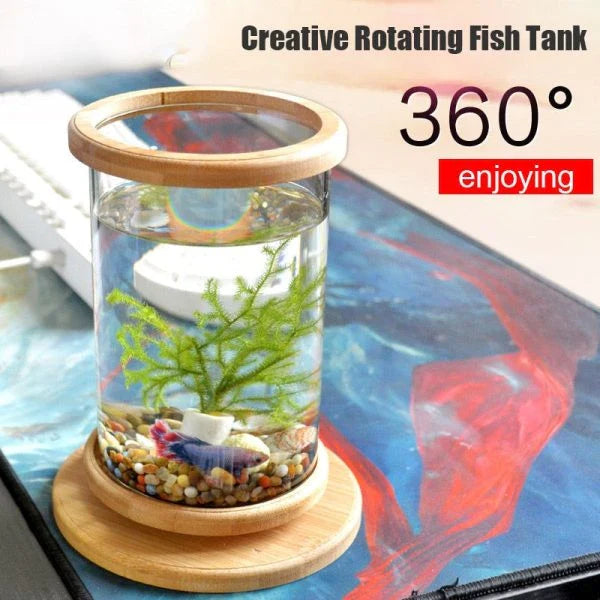 Glass Betta Fish Tank with Bamboo Base - Unique 360-degree rotating design for unobstructed viewing of your betta fish