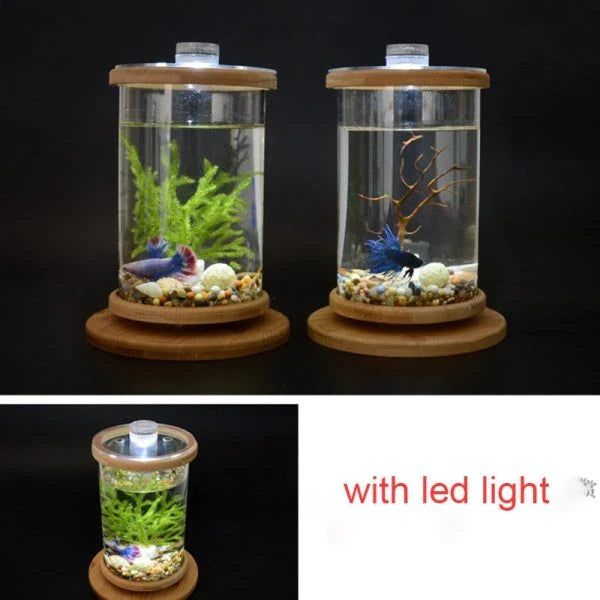Glass Betta Fish Tank with Bamboo Base - Unique 360-degree rotating design for unobstructed viewing of your betta fish