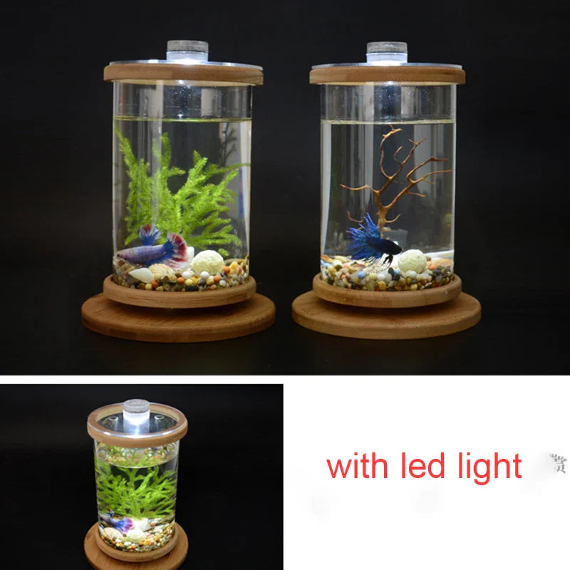 Glass Betta Fish Tank with Bamboo Base - Unique 360-degree rotating design for unobstructed viewing of your betta fish