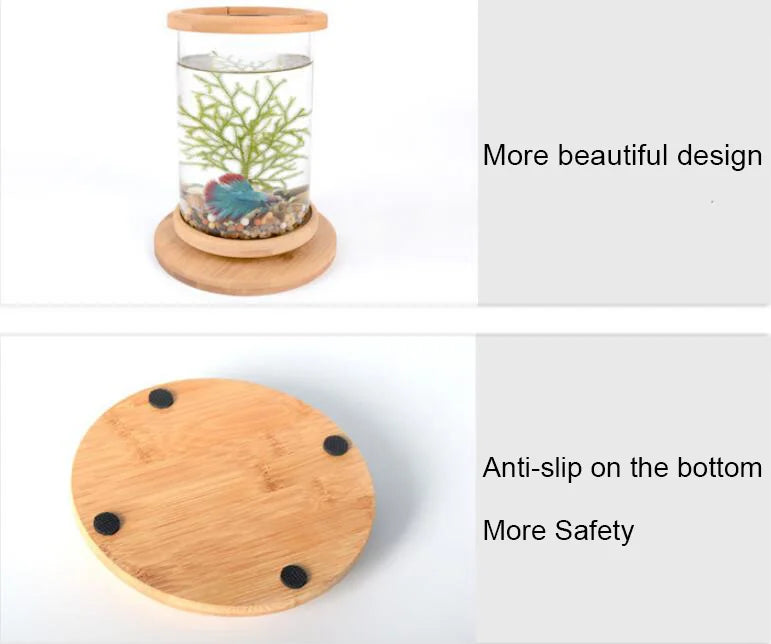 Glass Betta Fish Tank with Bamboo Base - Unique 360-degree rotating design for unobstructed viewing of your betta fish