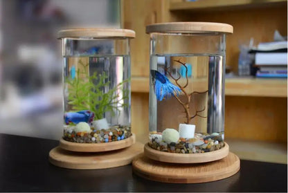 Glass Betta Fish Tank with Bamboo Base - Unique 360-degree rotating design for unobstructed viewing of your betta fish