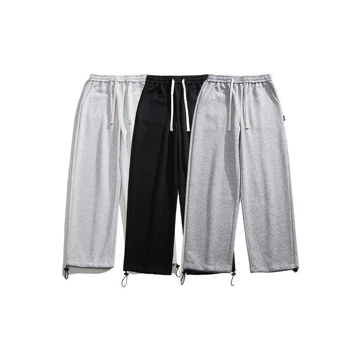 Drawstring Ankle-tied Loose Straight Sweatpants in light gray, black, and flower white colors