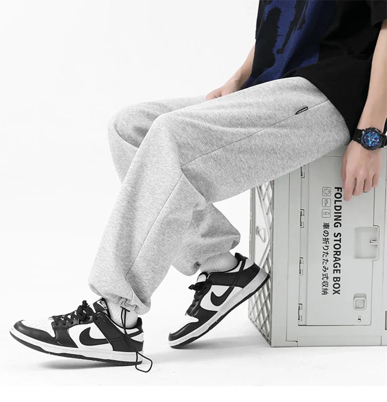 Drawstring Ankle-tied Loose Straight Sweatpants in light gray, black, and flower white colors