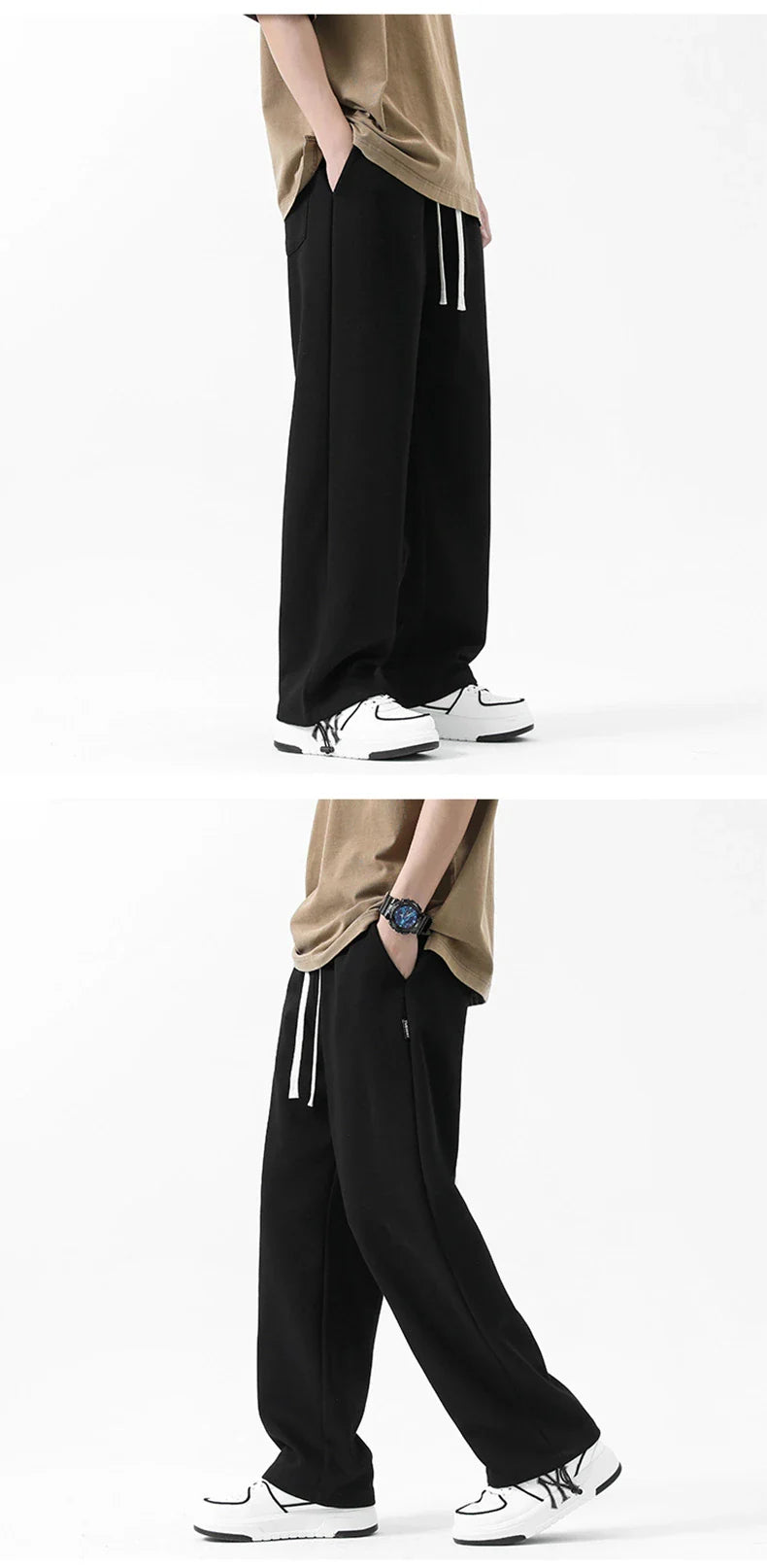 Drawstring Ankle-tied Loose Straight Sweatpants in light gray, black, and flower white colors
