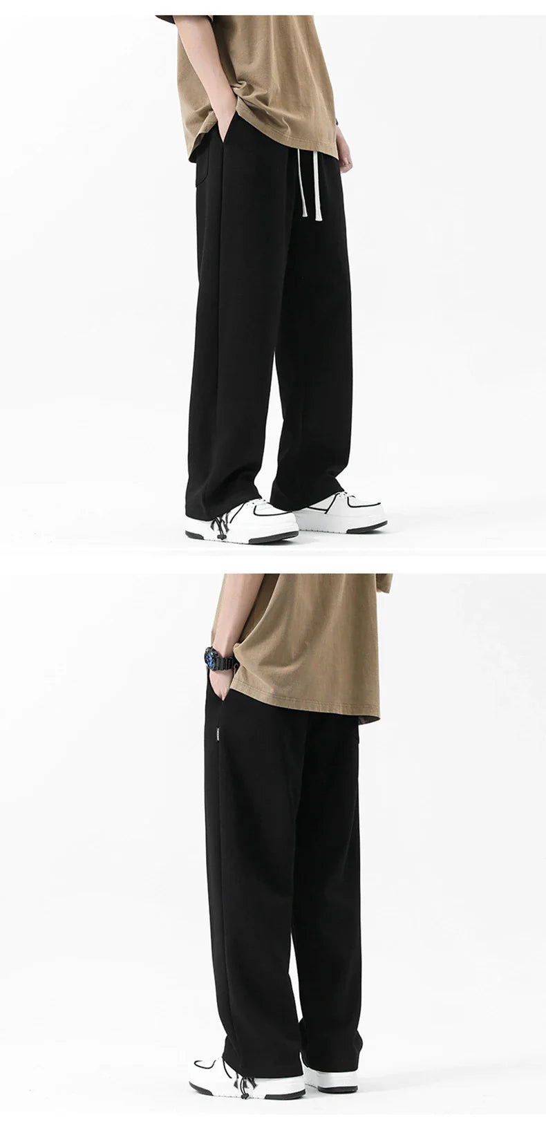 Drawstring Ankle-tied Loose Straight Sweatpants in light gray, black, and flower white colors